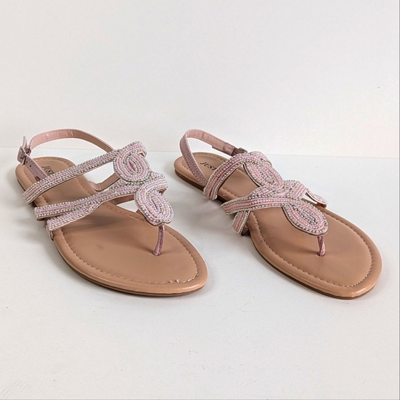 Flawed JustFab Stasha Bohemian Flat Thong Sandals Ankle Strap Pink Silver- sz 10 - Picture 2 of 13